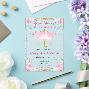 Invitations En Acrylique Parapluie rose doré à l'aquarelle Sweet Sixteen