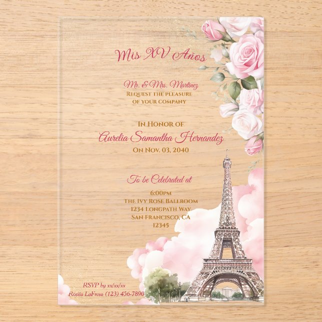 Invitations En Acrylique Paris Quinceañera (Recto)