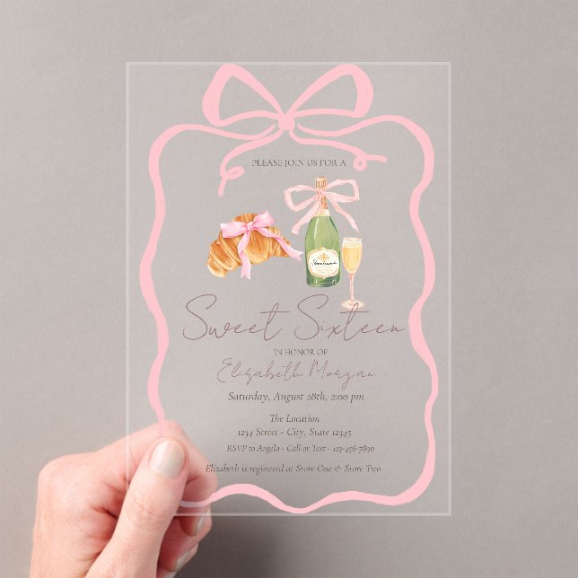 Invitations En Acrylique Parisian Croissant Pink Bow Champagne Sweet 16 (In situ (ordinateur de poche))