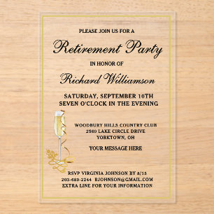 Invitations En Acrylique Parti de retraite élégant Noir et Or