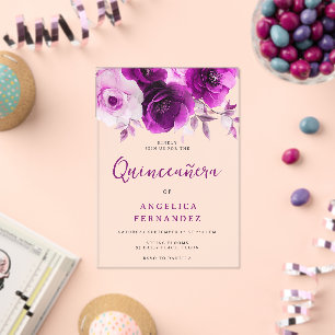 Invitations En Acrylique Parti Quinceanera Rose violet