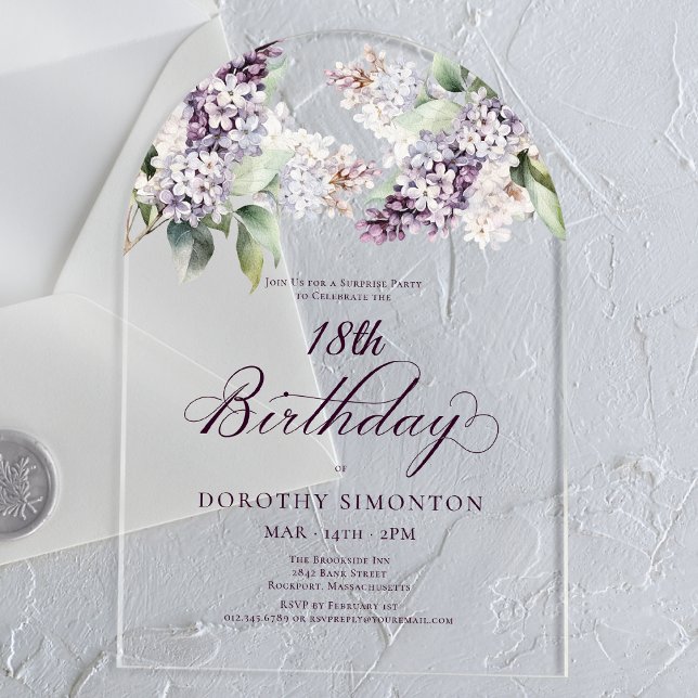 Invitations En Acrylique PARTI SURPRISE 18e anniversaire Arc floral violet (Créateur téléchargé)