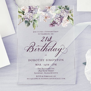 Invitations En Acrylique PARTI SURPRISE 21e anniversaire Purple Lilac Flora