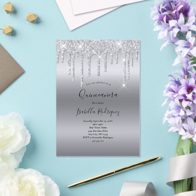 Invitations En Acrylique Parties scintillant à goutte d'argent Glam Quincea (Insitu (Mariage))