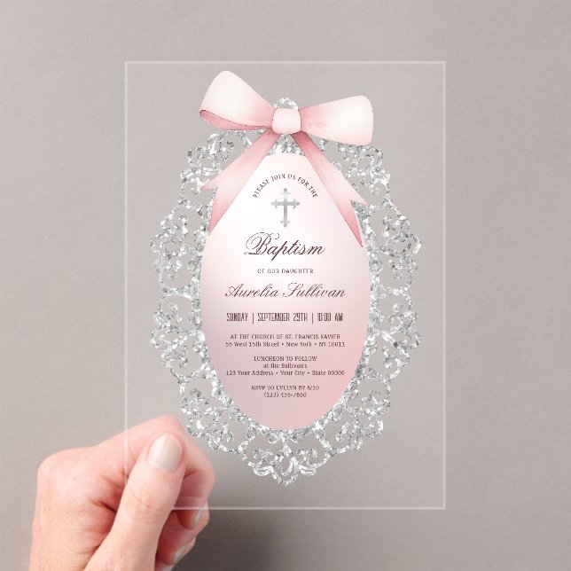Invitations En Acrylique Parties scintillant Argent Cadre rose Bow Baptême (In situ (ordinateur de poche))