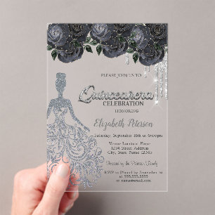 Invitations En Acrylique Parties scintillant argent gouttes Roses noirs dou