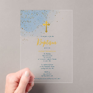 Invitations En Acrylique Parties scintillant d'aquarelle bleu Croix d'or Ba