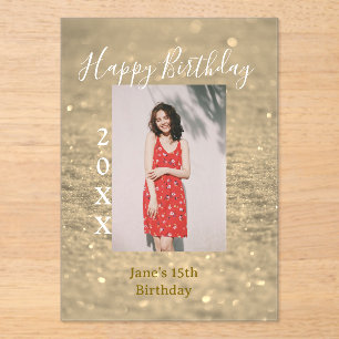 Invitations En Acrylique Parties scintillant d'or heureux 15e anniversaire 