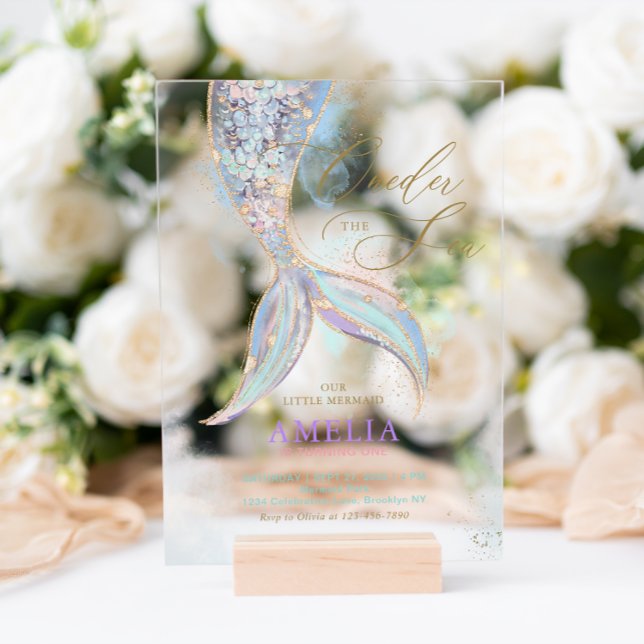 Invitations En Acrylique Parties scintillant d'or Mermaid Tail ONEder Sea A (Créateur téléchargé)