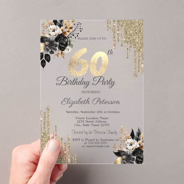 Invitations En Acrylique Parties scintillant d'or Roses noirs 60e anniversa (In situ (ordinateur de poche))