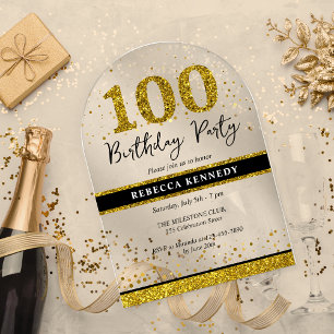 Invitations En Acrylique Parties scintillant Noire et Or 100e anniversaire