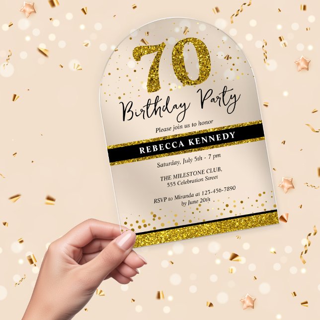 Invitations En Acrylique Parties scintillant Noire et Or 70e anniversaire (Black And Gold Glitter 70th Birthday Party Acrylic Invitations)