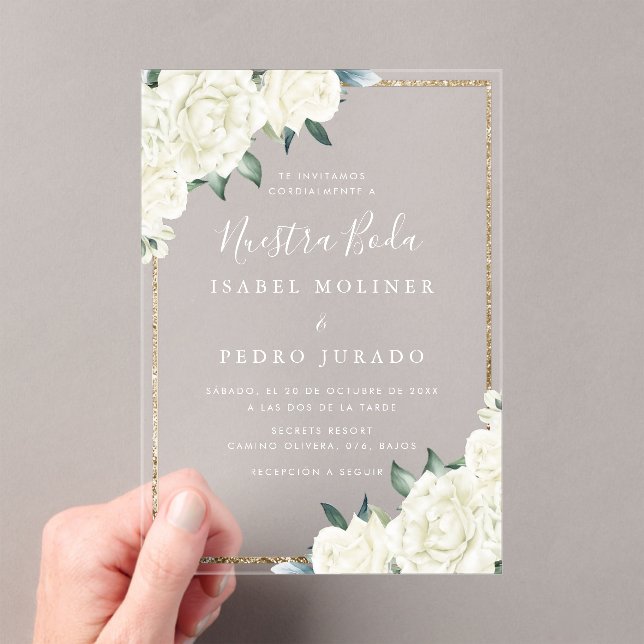 Invitations En Acrylique Parties scintillant or blanc Floral Nuestra Boda M (In situ (ordinateur de poche))