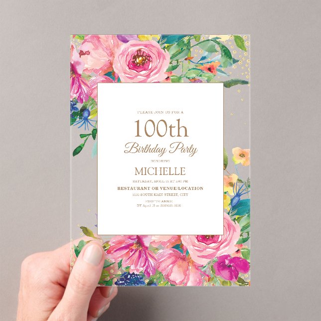Invitations En Acrylique Parties scintillant or rose jaune floral 100e anni (In situ (ordinateur de poche))