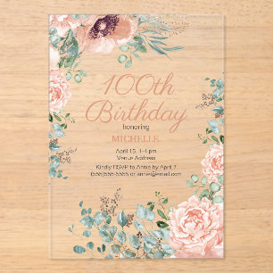 Invitations En Acrylique Parties scintillant rose floral or 100e anniversai