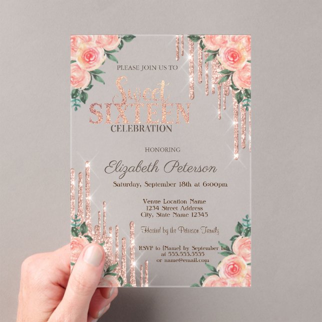 Invitations En Acrylique Parties scintillant Rose Gold Floral Sweet 16 (In situ (ordinateur de poche))