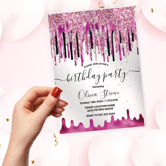 Invitations En Acrylique Parties scintillant rose rose chic goutte monogram (Créateur téléchargé)