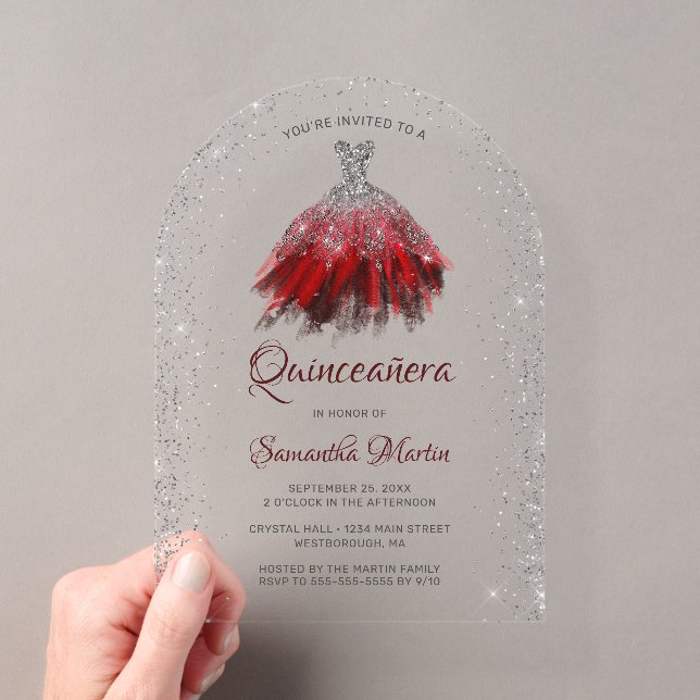 Invitations En Acrylique Parties scintillant rouge argent Script Quinceañer (In situ (ordinateur de poche))