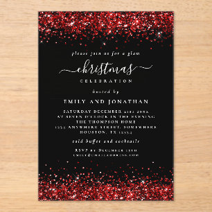 Invitations En Acrylique Parties scintillant rouge Bordure Noël noir acryli