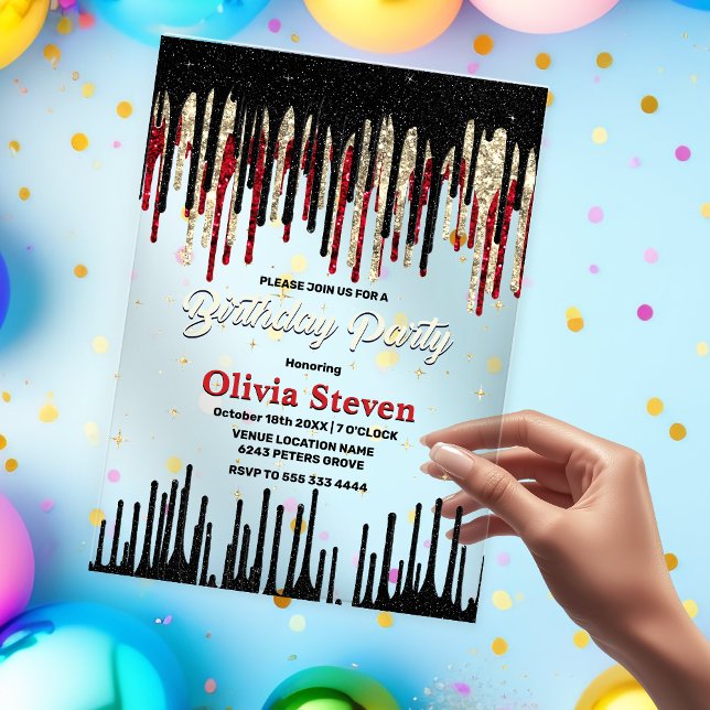 Invitations En Acrylique Parties scintillant rouge chic noir goutte monogra (Créateur téléchargé)