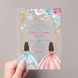 Invitations En Acrylique Pastel Bleu Rose Papillon Floral Or Quinceañera