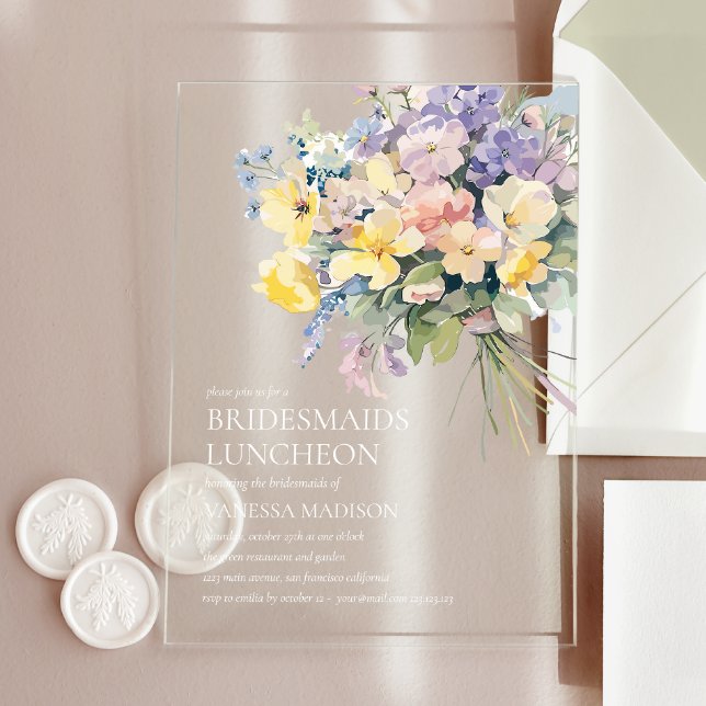 Invitations En Acrylique Pastel Bloom Bouquet Bridesservantes Déjeuner Chic (Créateur téléchargé)