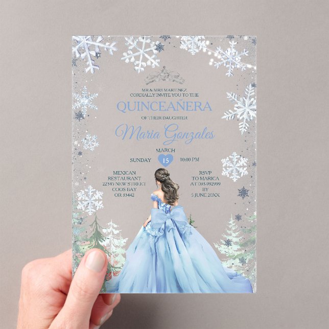 Invitations En Acrylique Pastel Blue Princess Forêt d'hiver Quinceañera (In situ (ordinateur de poche))