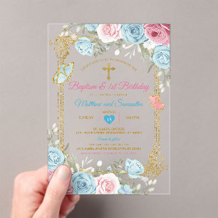 Invitations En Acrylique Pastel Blue Rose Gold Baptême & 1er anniversaire
