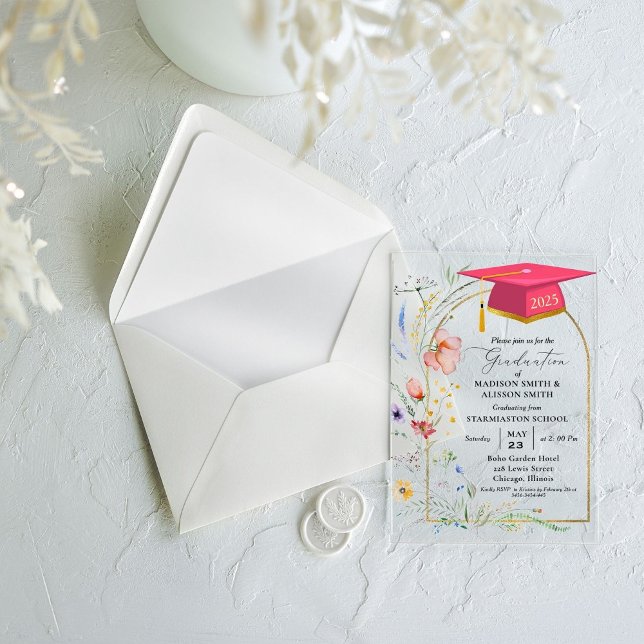 Invitations En Acrylique Pastel Fleur sauvage Jardin Jumeau fête de graduat (Créateur téléchargé)