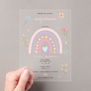 Invitations En Acrylique Pastel Rainbow Girl Fleur sauvage Hearts Baby show