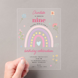 Invitations En Acrylique Pastel Rainbows Fille Coeurs Fleur sauvage Anniver