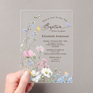 Invitations En Acrylique Pastel Rose & Bleu Fleur sauvage Whimsical Baptême