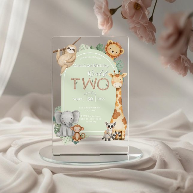 Invitations En Acrylique Pastel Tropical Wild Two Jungle Safari Animaux (Créateur téléchargé)