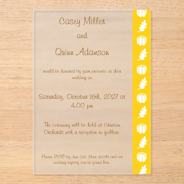 Invitations En Acrylique Patch de citrouille en jaune Acrylique Mariage  (Recto)