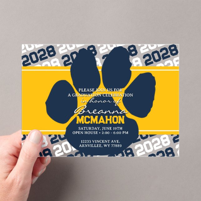 Invitations En Acrylique Pawprint Gold & Navy Blue Graduation Frosted (In situ (ordinateur de poche))