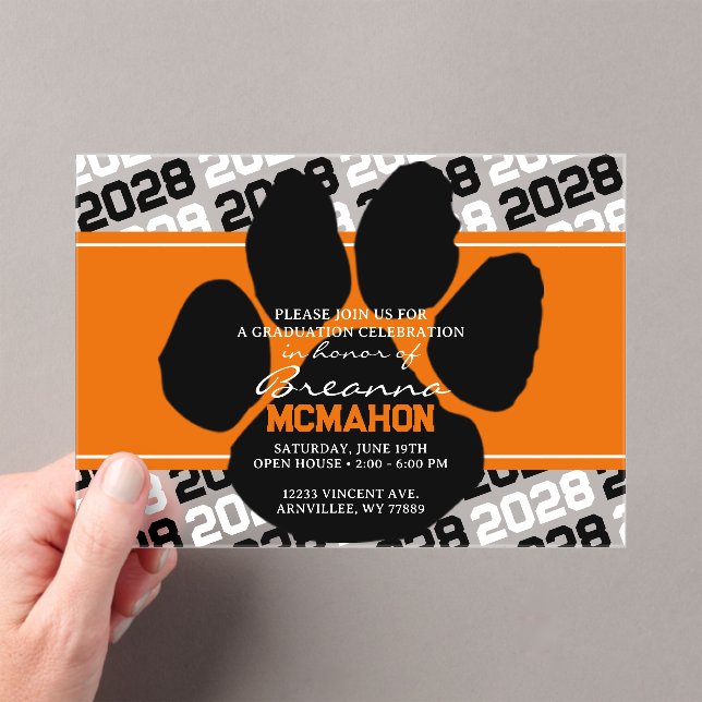 Invitations En Acrylique Pawprint Orange & Black Graduation Frosted (In situ (ordinateur de poche))