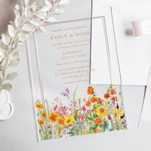 Invitations En Acrylique Paysage de fleurs sauvages colorées pour un mariag