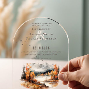 Invitations En Acrylique Paysage de montagne automnal élégant pour mariage