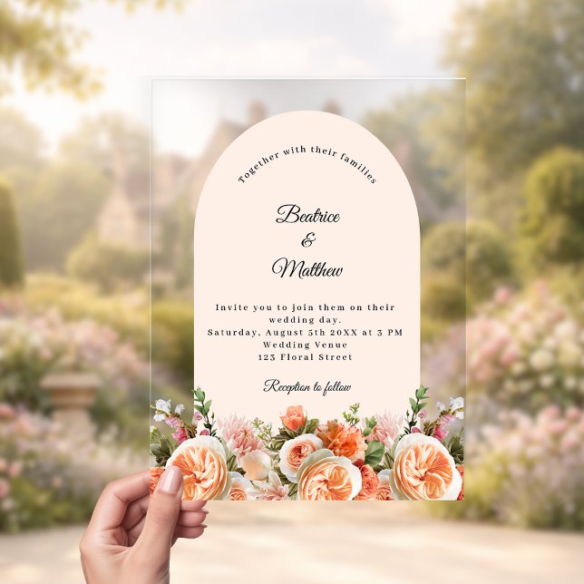 Invitations En Acrylique Peach blush ivory florals arch clear wedding (Créateur téléchargé)