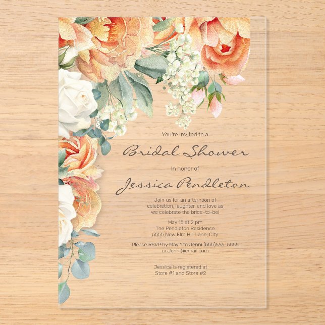 Invitations En Acrylique Peach Cream Floral Eucalyptus Fête des mariées Cle (Recto)