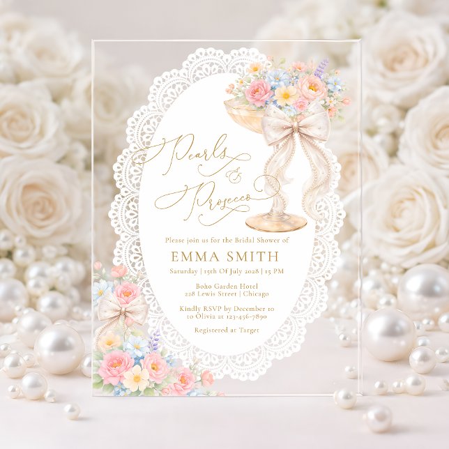 Invitations En Acrylique Pearls and Prosecco Floral Garden Bridal Shower (Créateur téléchargé)