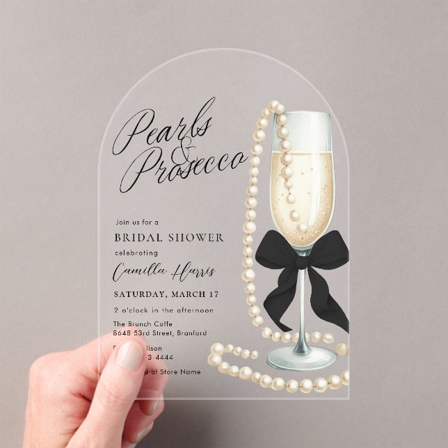 Invitations En Acrylique Pearls & Prosecco Black Bow Bridal Shower (In situ (ordinateur de poche))