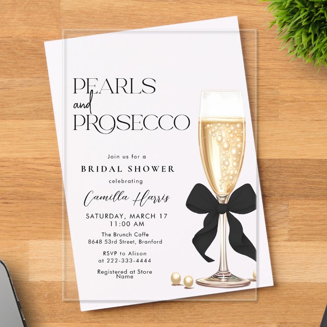 Invitations En Acrylique Pearls & Prosecco Black Bow Bridal Shower (Créateur téléchargé)