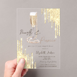 Invitations En Acrylique Pearls Prosecco Gold Glitter Drips Mariage