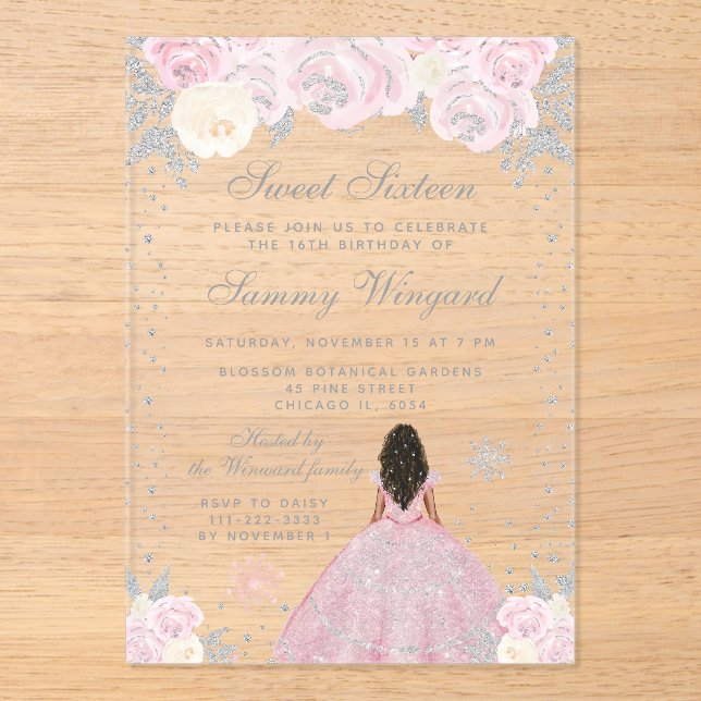 Invitations En Acrylique Peau rose foncée hiver Princesse Sweet sixteen (Recto)