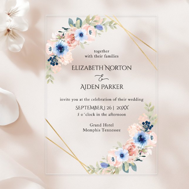 Invitations En Acrylique Pêche, Bleu, Collection de Mariages floraux (Peach, Blue, Floral Wedding Collection Acrylic Invitations)