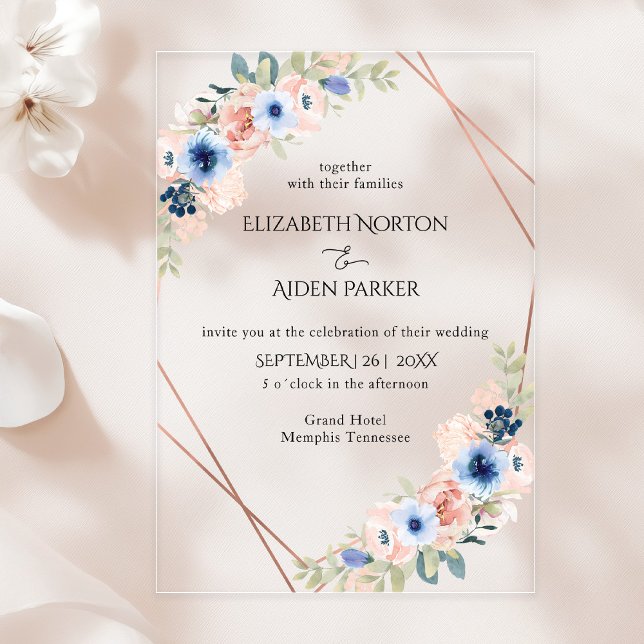 Invitations En Acrylique Pêche, Bleu, Floral Mariage Collection Acrylique (Peach, Blue, Floral Wedding Collection Acrylic Acrylic Invitations)