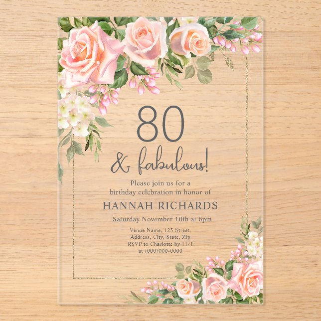 Invitations En Acrylique Pêche féminine | Roses roses roses florales 80e an (Recto)