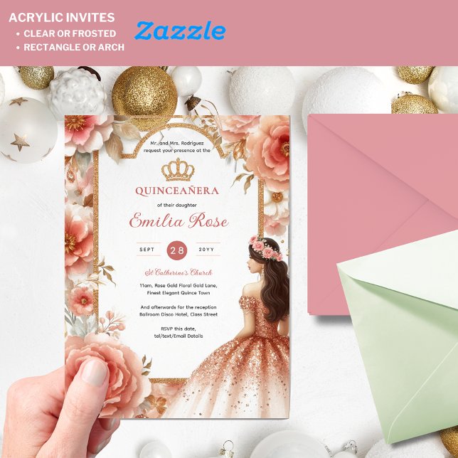 Invitations En Acrylique Pêche Rose or Quinceañera robe Floral Quince (Créateur téléchargé)