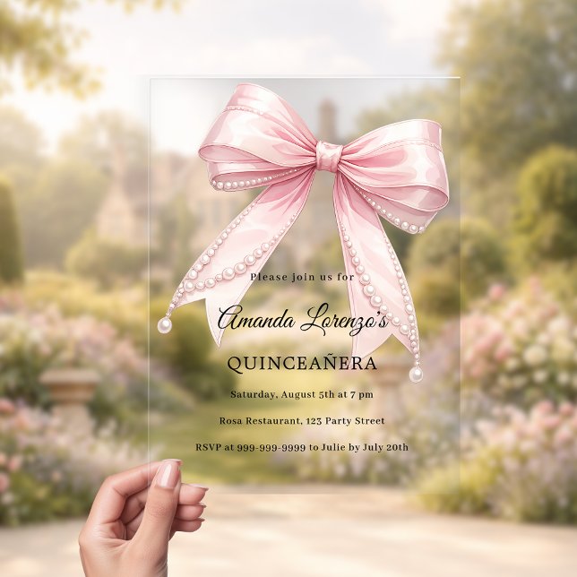 Invitations En Acrylique Perles de nœud rose élégant Quinceanera luxe clair (Créateur téléchargé)
